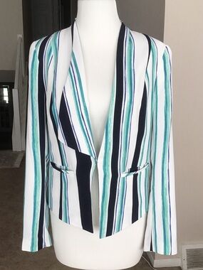 Halogen White, Teal & Navy Striped Open-Front Blazer